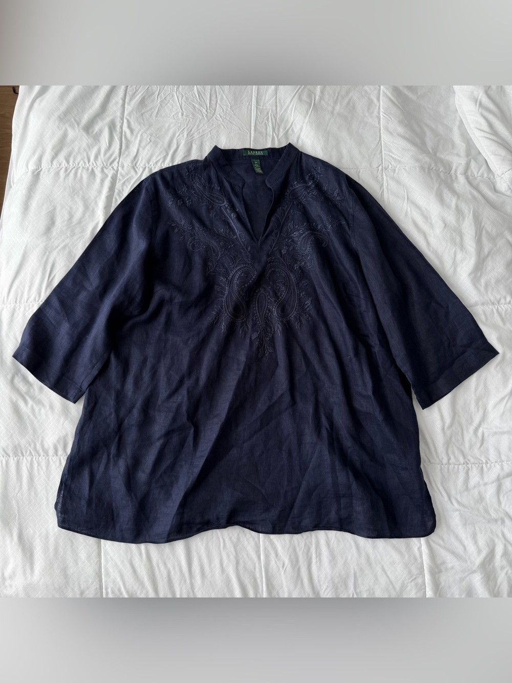 Lauren Ralph Lauren Linen Embroidered Tunic Blouse Womenβs 3X Navy Coastal Beach